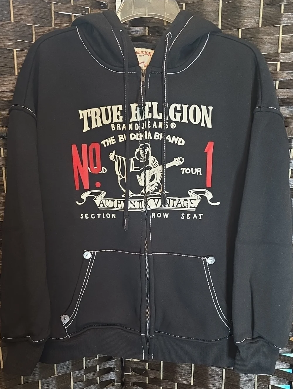 True Religion Men's Big T World Tour Vintage Full-Zip Hoodie, EUC, XS